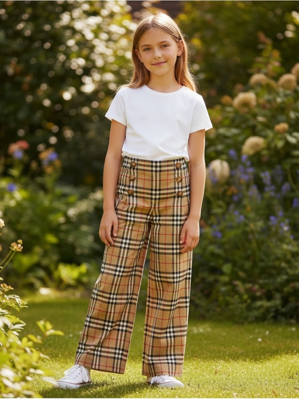 Burberry Girls Beige Check Wide-Leg Pants 10Y 100% Cotton Elastic Waist